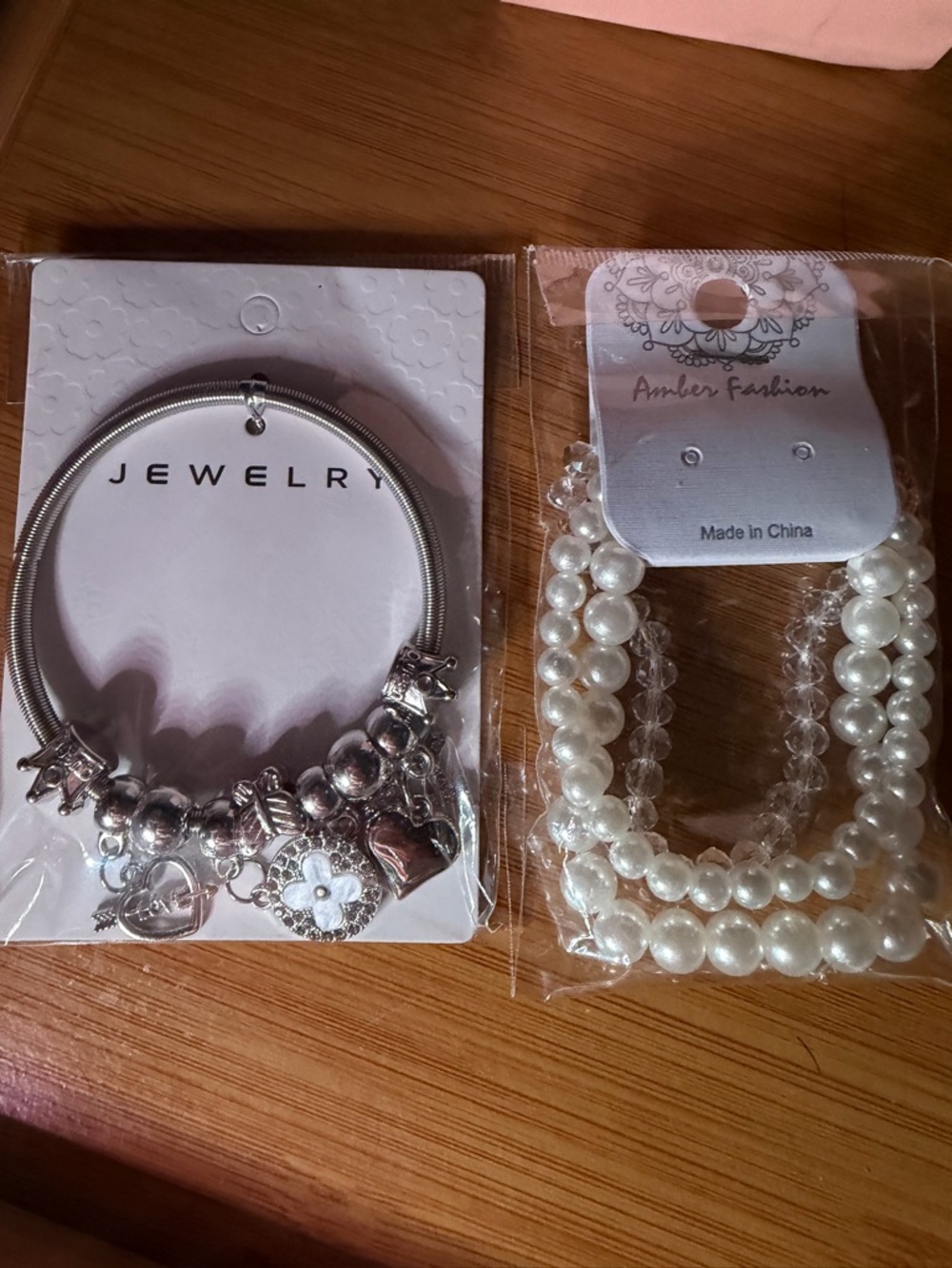 White Pearl & Silver Charm Bracelet Set